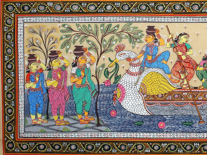 Lord Krishna with Rukmini and Satyabhama on Boat Pattachitra Painting on Cloth by Rabi Behera · view 2