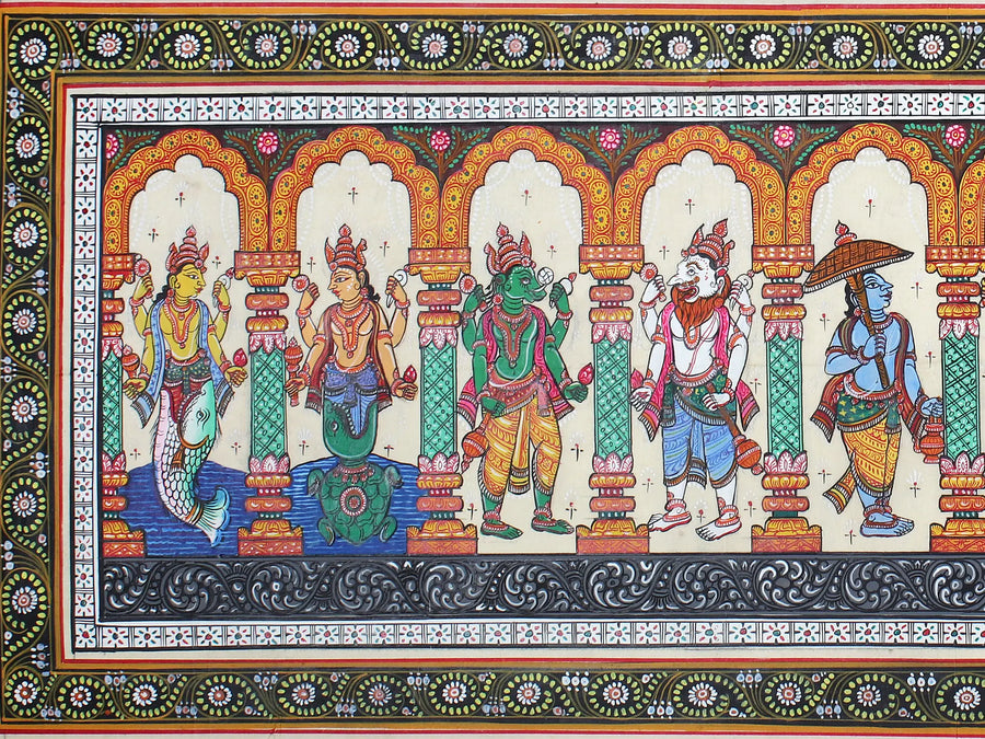 Ten Incarnations of Lord Vishnu (Dashavatara) Pattachitra Painting on Cloth by Rabi Behera