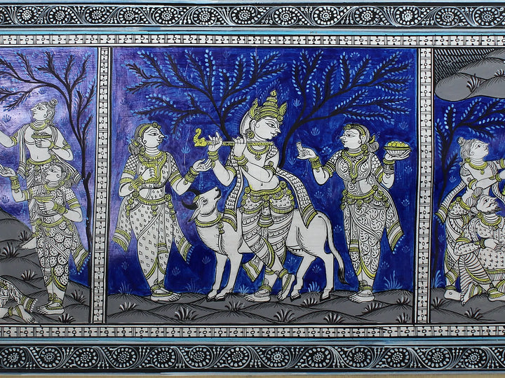 Krishna Playing Flute with Gopis Pattachitra Painting on Cloth by Rabi Behera · view 3