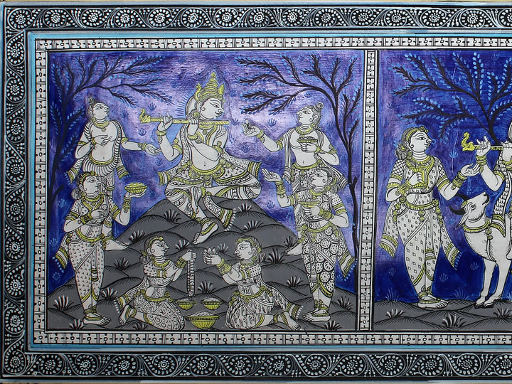 Krishna Playing Flute with Gopis Pattachitra Painting on Cloth by Rabi Behera · view 4