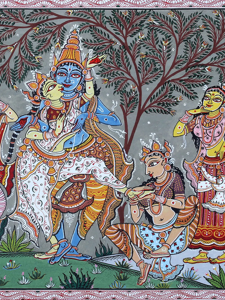 Dancing Radha-Krishna with Gopi Pattachitra Painting on Cloth by Rabi Behera · view 3