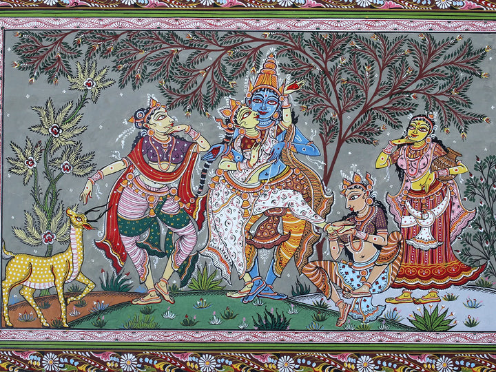 Dancing Radha-Krishna with Gopi Pattachitra Painting on Cloth by Rabi Behera · view 4