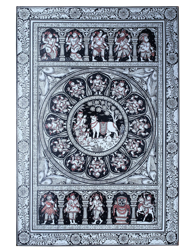 Cow Doing Abhisheka of Shiva Linga Pattachitra Painting on Cloth by Rabi Behera · view 1