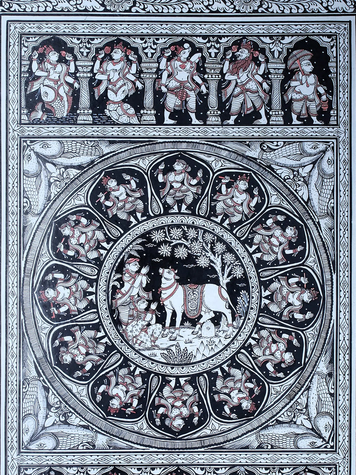 Cow Doing Abhisheka of Shiva Linga Pattachitra Painting on Cloth by Rabi Behera · view 2