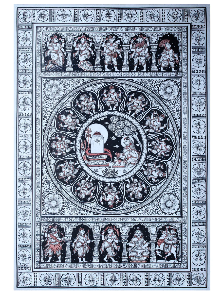 Devi Parvati Worship of Shiva Linga with Lord Vishnu Dashavatara Pattachitra Painting on Cloth by Rabi Behera