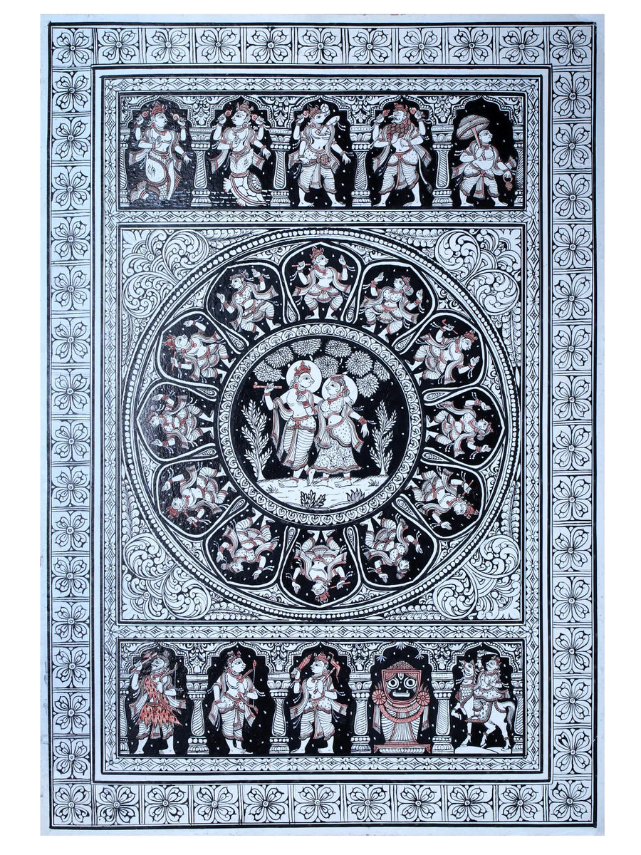 Radha Krishna with Ten Incarnations of Lord Vishnu (Dashavatara) Pattachitra Painting on Cloth by Rabi Behera
