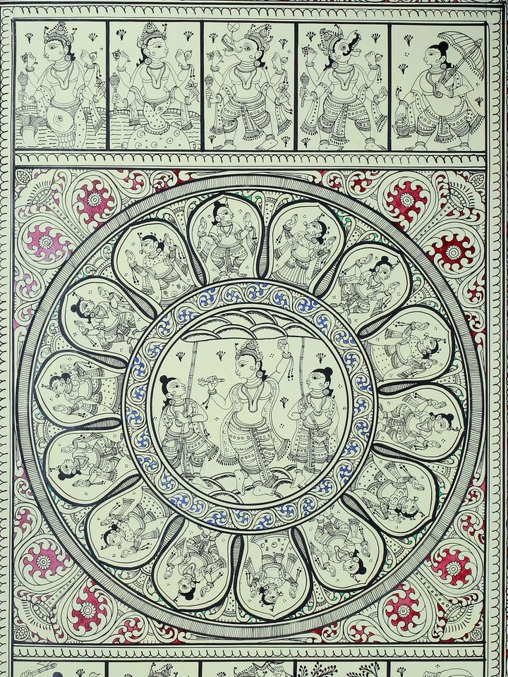 Lord Krishna Lifting Goverdhan Mountain with Dashavatara of Lord Vishnu Pattachitra Painting on Cloth by Rabi Behera · view 2