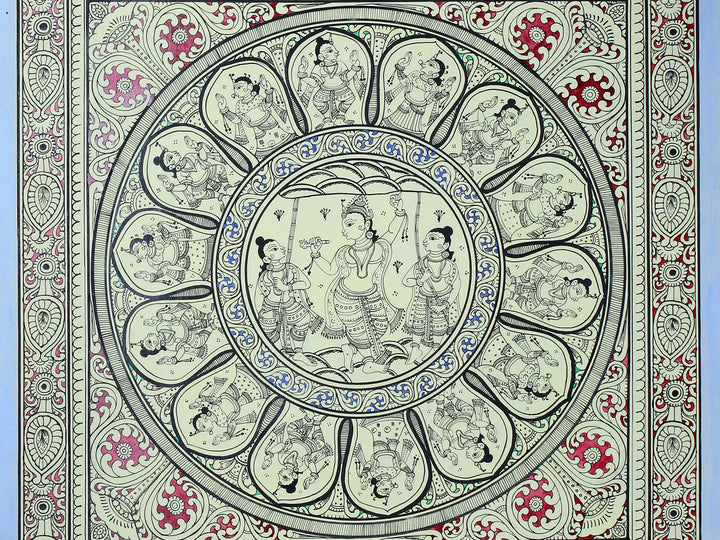 Lord Krishna Lifting Goverdhan Mountain with Dashavatara of Lord Vishnu Pattachitra Painting on Cloth by Rabi Behera · view 4