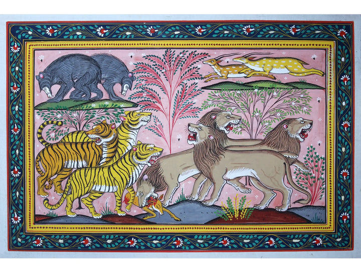 Beasts and Deers Pattachitra Painting on Cloth by Rabi Behera · view 1