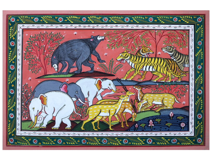 Animals and a Lotus Pond Pattachitra Painting on Cloth by Rabi Behera · view 1