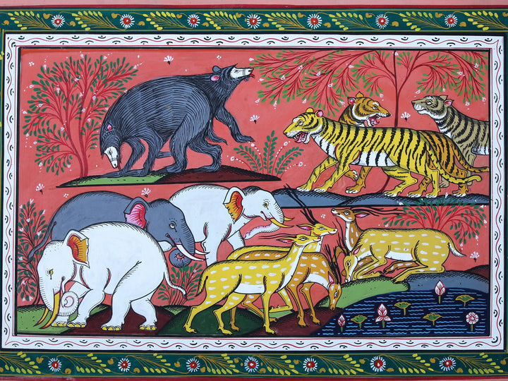 Animals and a Lotus Pond Pattachitra Painting on Cloth by Rabi Behera · view 2