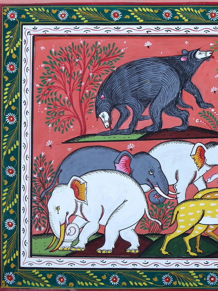 Animals and a Lotus Pond Pattachitra Painting on Cloth by Rabi Behera · view 3