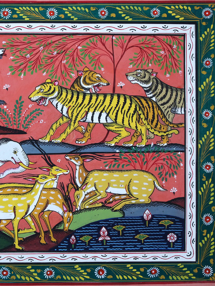 Animals and a Lotus Pond Pattachitra Painting on Cloth by Rabi Behera · view 4