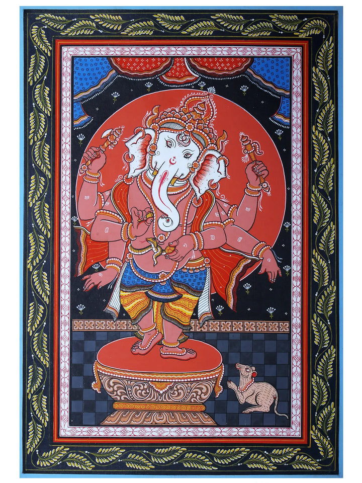Standing Chaturbhuj Ganesha Pattachitra Painting on Cloth by Rabi Behera · view 1