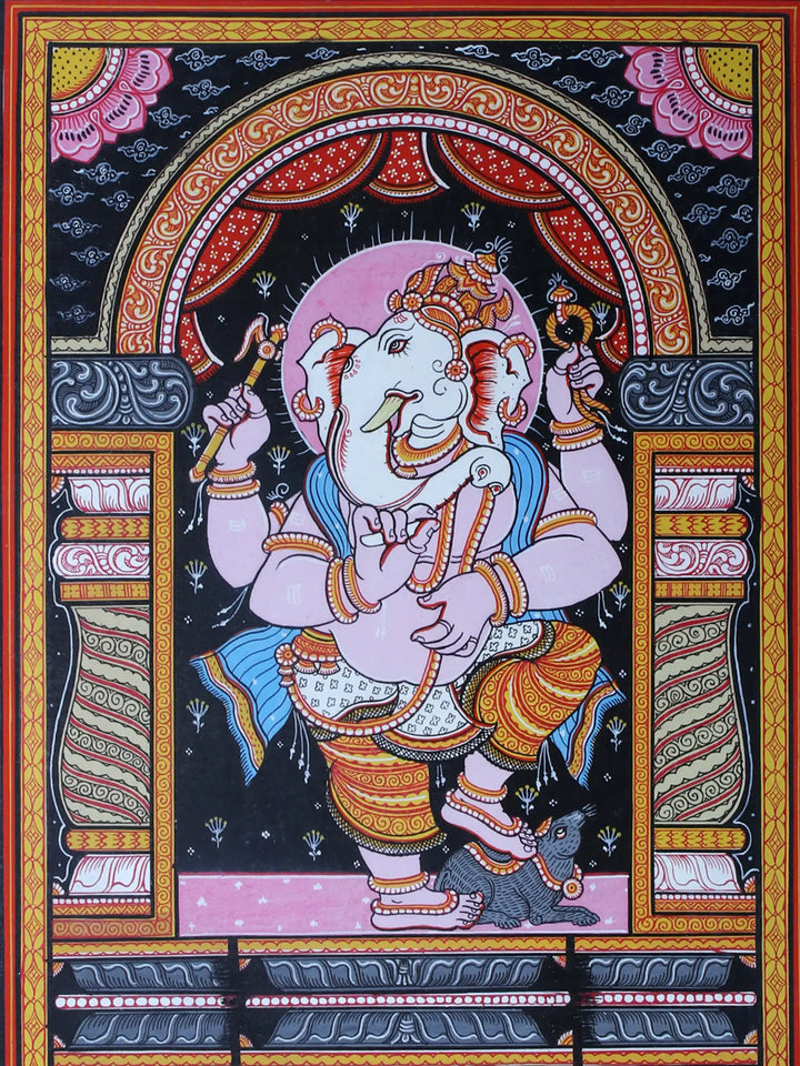 Lord Ganesha and His Rat Pattachitra Painting on Cloth by Rabi Behera · view 2