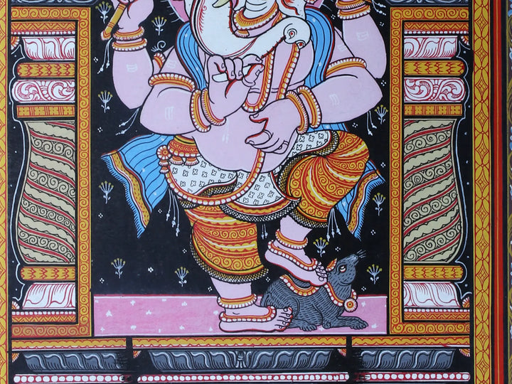 Lord Ganesha and His Rat Pattachitra Painting on Cloth by Rabi Behera · view 4