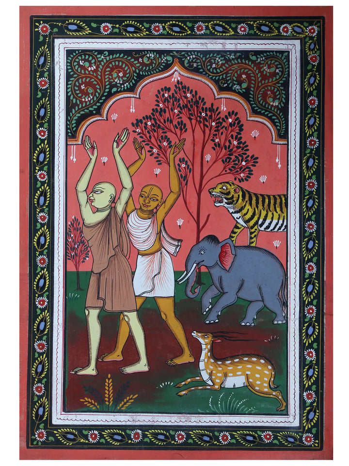 Chatanya-Nitai in Shri Krishna Bhakti Even Enchant Violent Animals Pattachitra Painting on Cloth by Rabi Behera · view 1