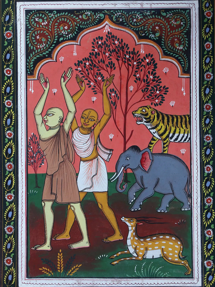 Chatanya-Nitai in Shri Krishna Bhakti Even Enchant Violent Animals Pattachitra Painting on Cloth by Rabi Behera · view 2
