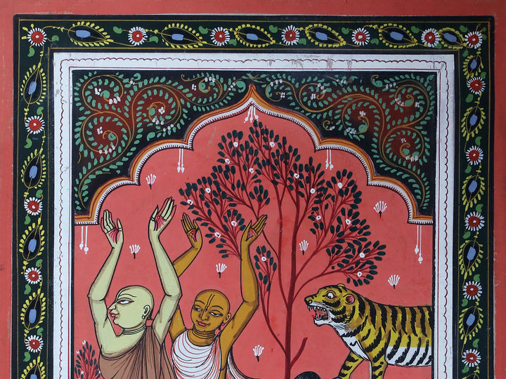 Chatanya-Nitai in Shri Krishna Bhakti Even Enchant Violent Animals Pattachitra Painting on Cloth by Rabi Behera · view 3