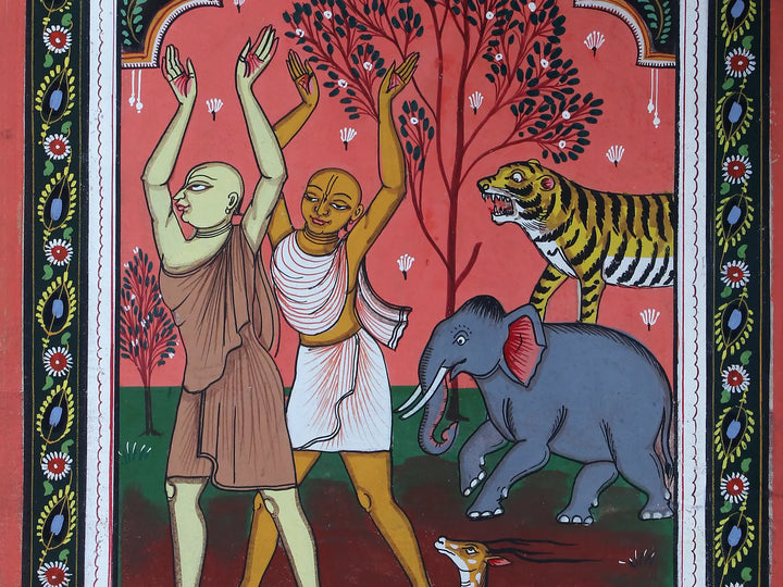 Chatanya-Nitai in Shri Krishna Bhakti Even Enchant Violent Animals Pattachitra Painting on Cloth by Rabi Behera · view 4