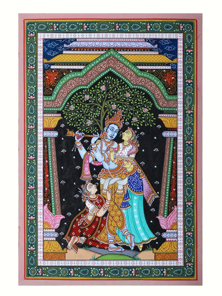 Lord Krishna with Rukmini and Satyabhama Pattachitra Painting on Cloth by Rabi Behera · view 1