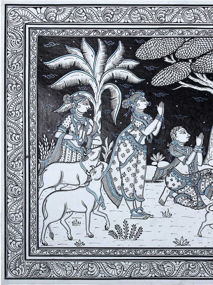 Cow Is Doing Abhisheka of Shiva Linga Pattachitra Painting on Cloth by Rabi Behera · view 2