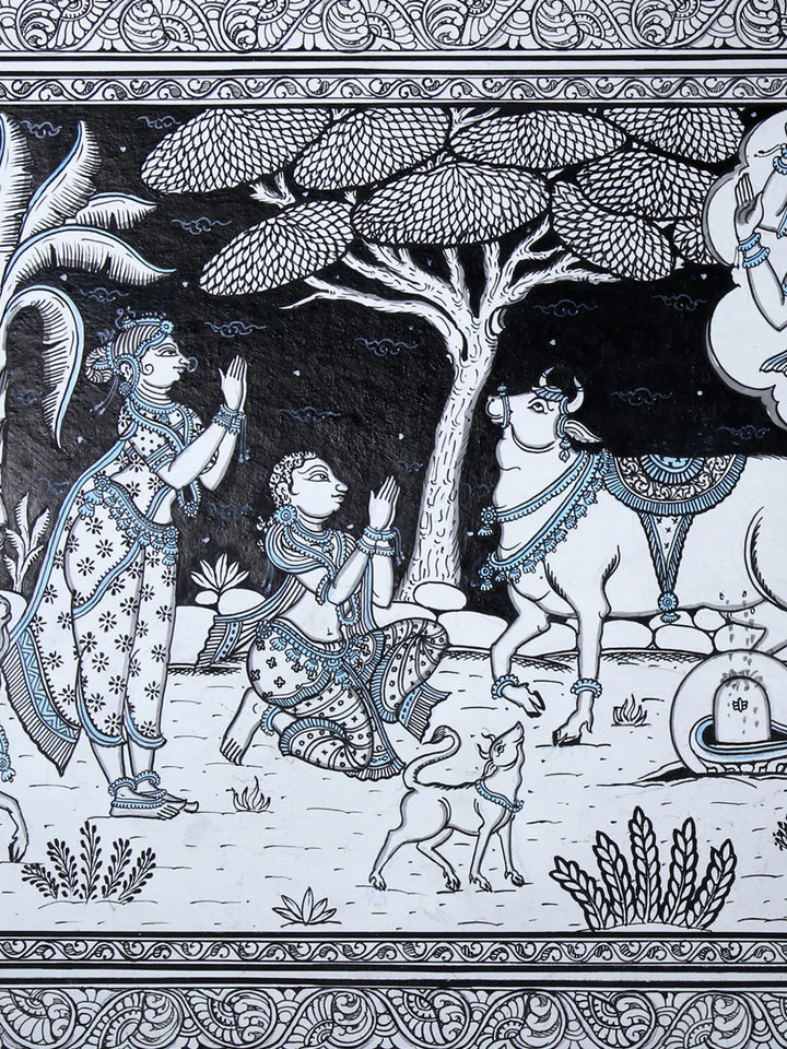 Cow Is Doing Abhisheka of Shiva Linga Pattachitra Painting on Cloth by Rabi Behera · view 3