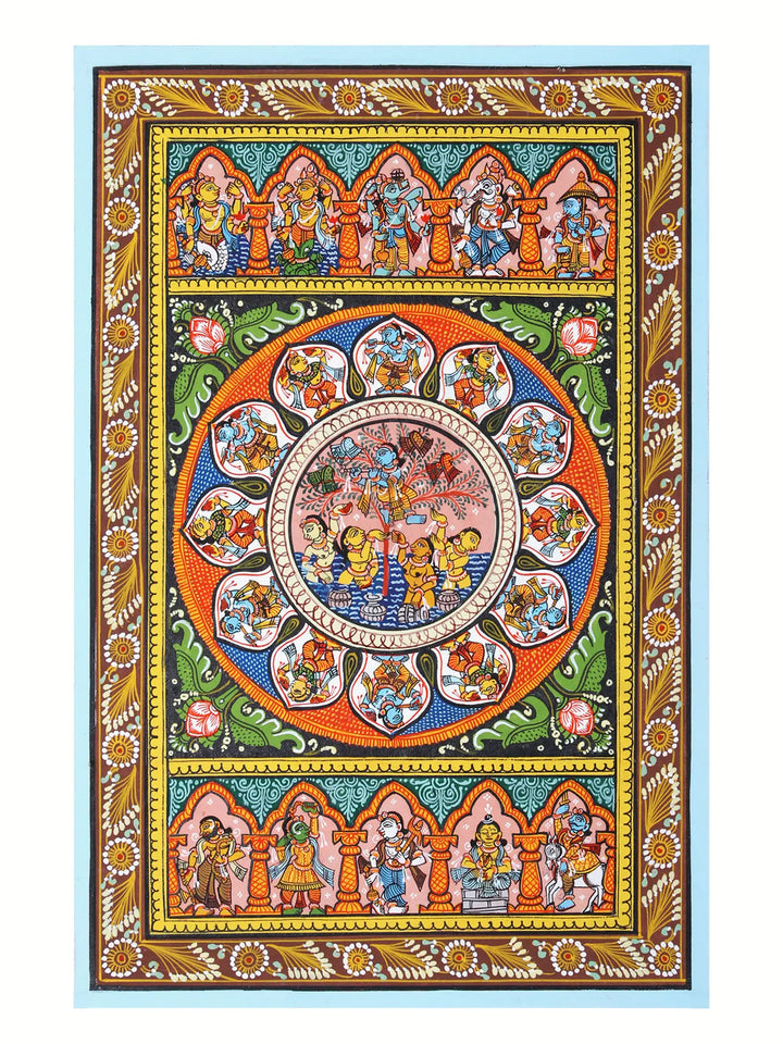 Lord Krishna Stealing the Clothes of Gopis Pattachitra Painting on Cloth by Rabi Behera · view 1