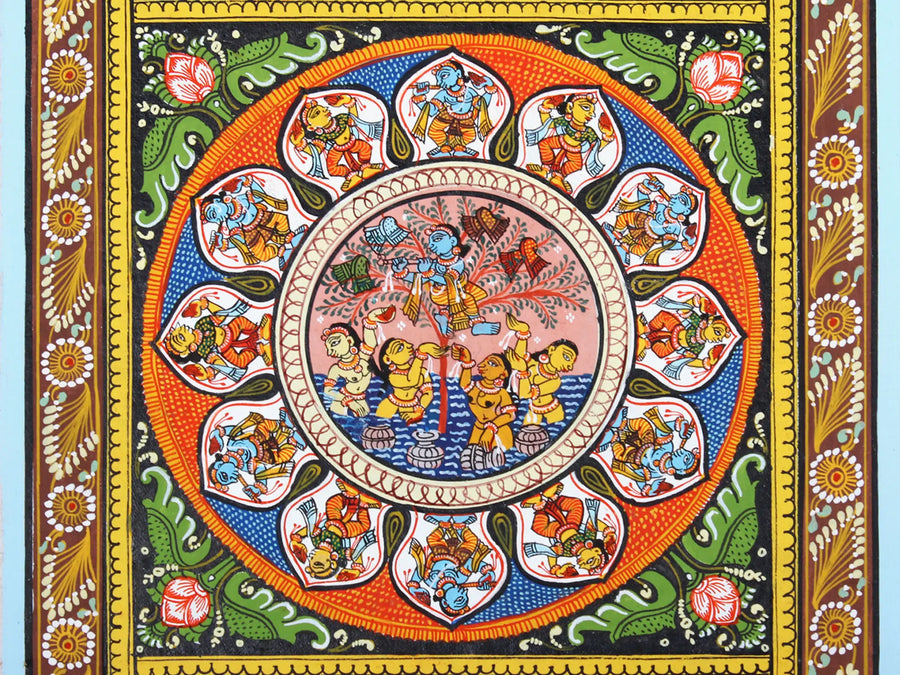 Lord Krishna Stealing the Clothes of Gopis Pattachitra Painting on Cloth by Rabi Behera