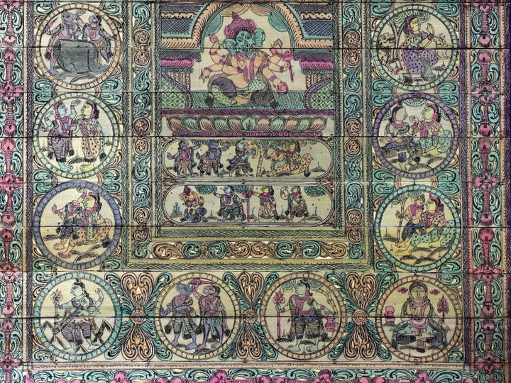 Six Armed Lord Ganesha at Center and His Life Story Pattachitra Painting on Cloth by Rabi Behera · view 4