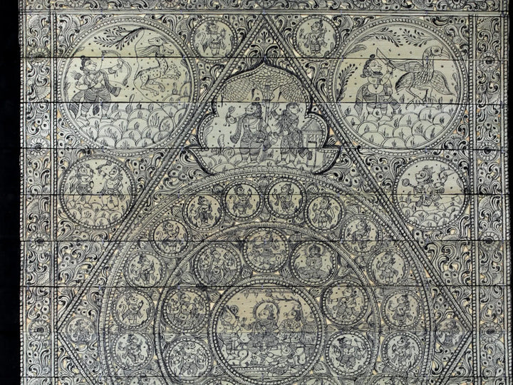 Rama Darbar at Center with Ramayana (Lord Rama's Story) Pattachitra Painting on Cloth by Rabi Behera · view 2