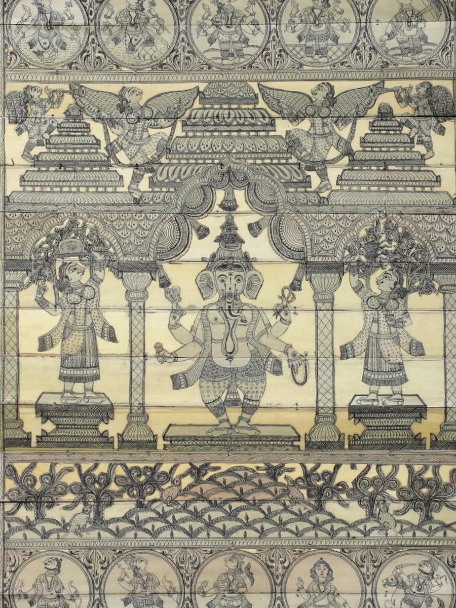 Standing Lord Ganesha and Ten Incarnations of Lord Vishnu (Dashavatara) Pattachitra Painting on Cloth by Rabi Behera
