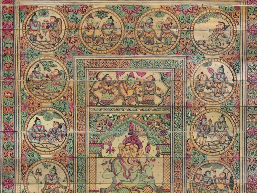 Sitting Lord Ganesha at Center and His Story Pattachitra Painting on Cloth by Rabi Behera