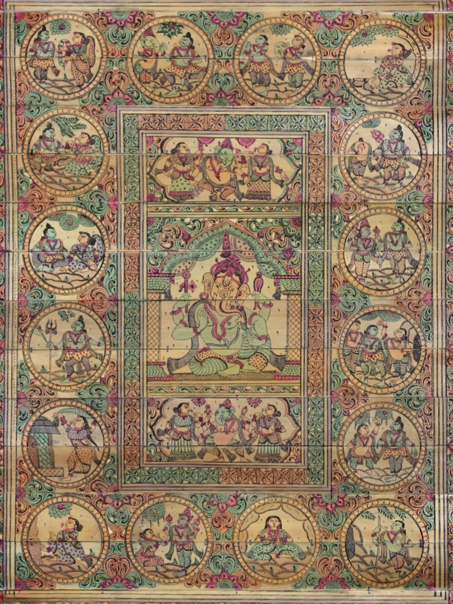 Sitting Lord Ganesha at Center and His Story Pattachitra Painting on Cloth by Rabi Behera
