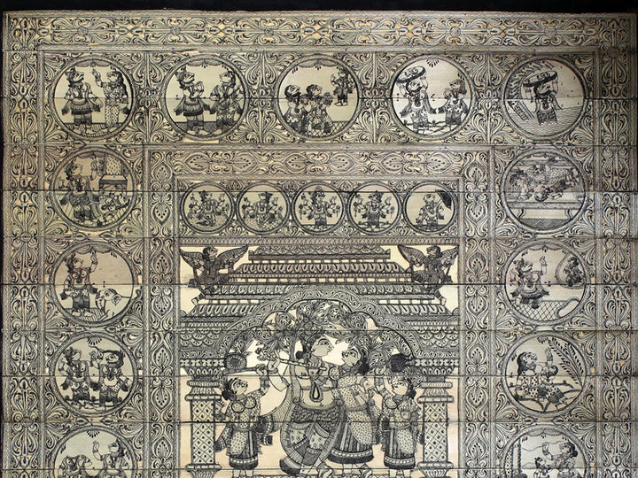 Radha Krishna at Center with Krishna Leela on Border Pattachitra Painting on Cloth by Rabi Behera · view 3