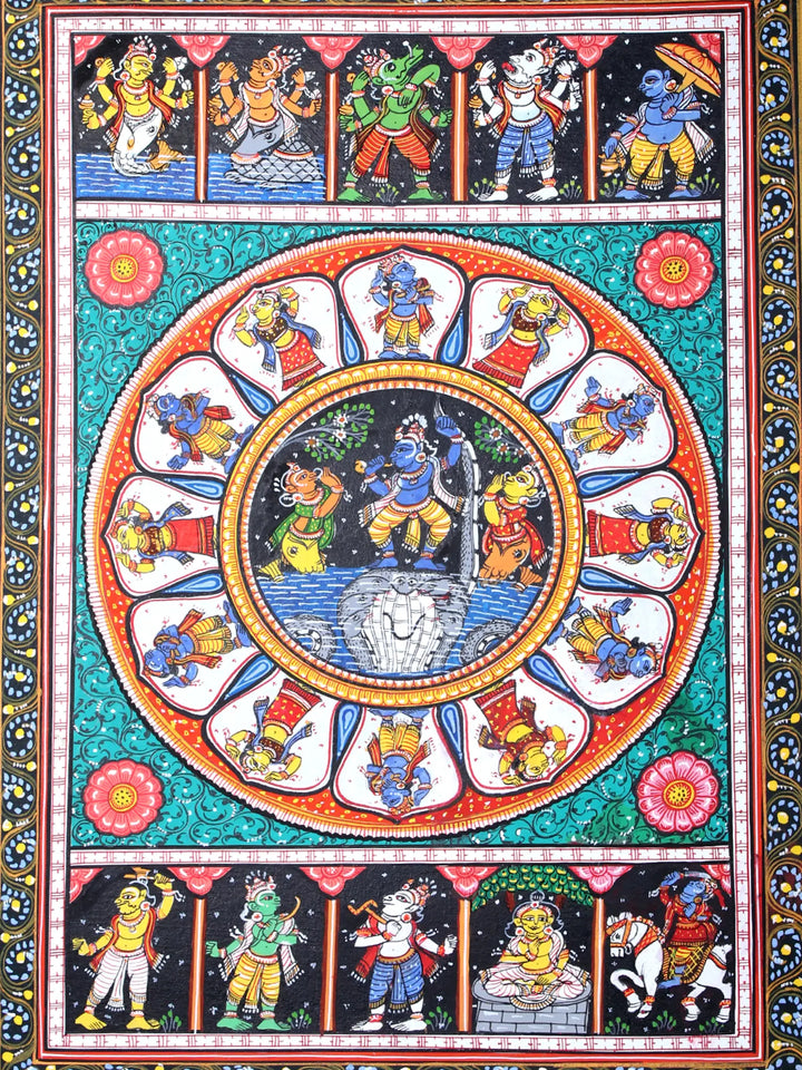 Lord Krishna Dancing on Serpent Kaliya Pattachitra Painting on Cloth by Rabi Behera · view 2