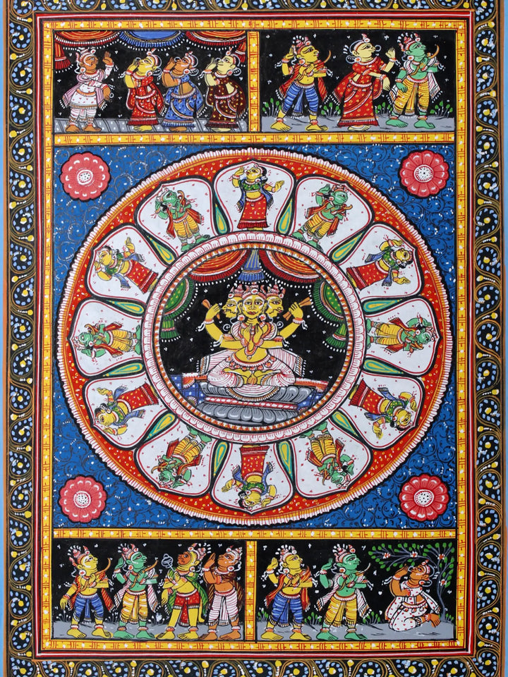 Lord Brahma Ji at Center and Episodes of Ramayan (Shri Ram's Story) Pattachitra Painting on Cloth by Rabi Behera · view 2