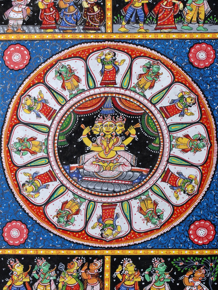 Lord Brahma Ji at Center and Episodes of Ramayan (Shri Ram's Story) Pattachitra Painting on Cloth by Rabi Behera · view 4