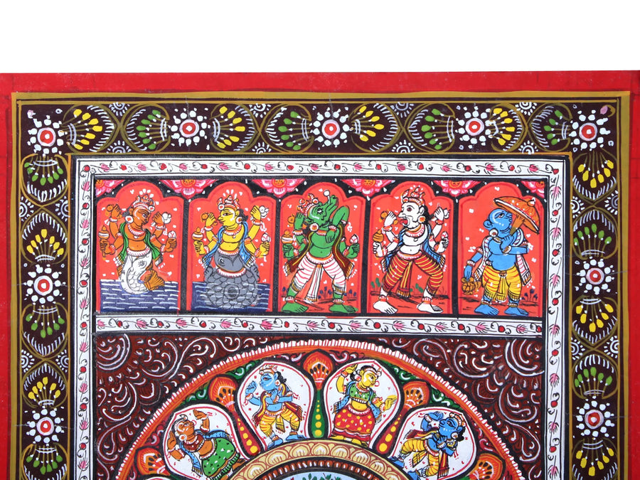 Lord Krishna Stealing the Clothes of Gopis with Dashavatara of Lord Vishnu Pattachitra Painting on Cloth by Rabi Behera