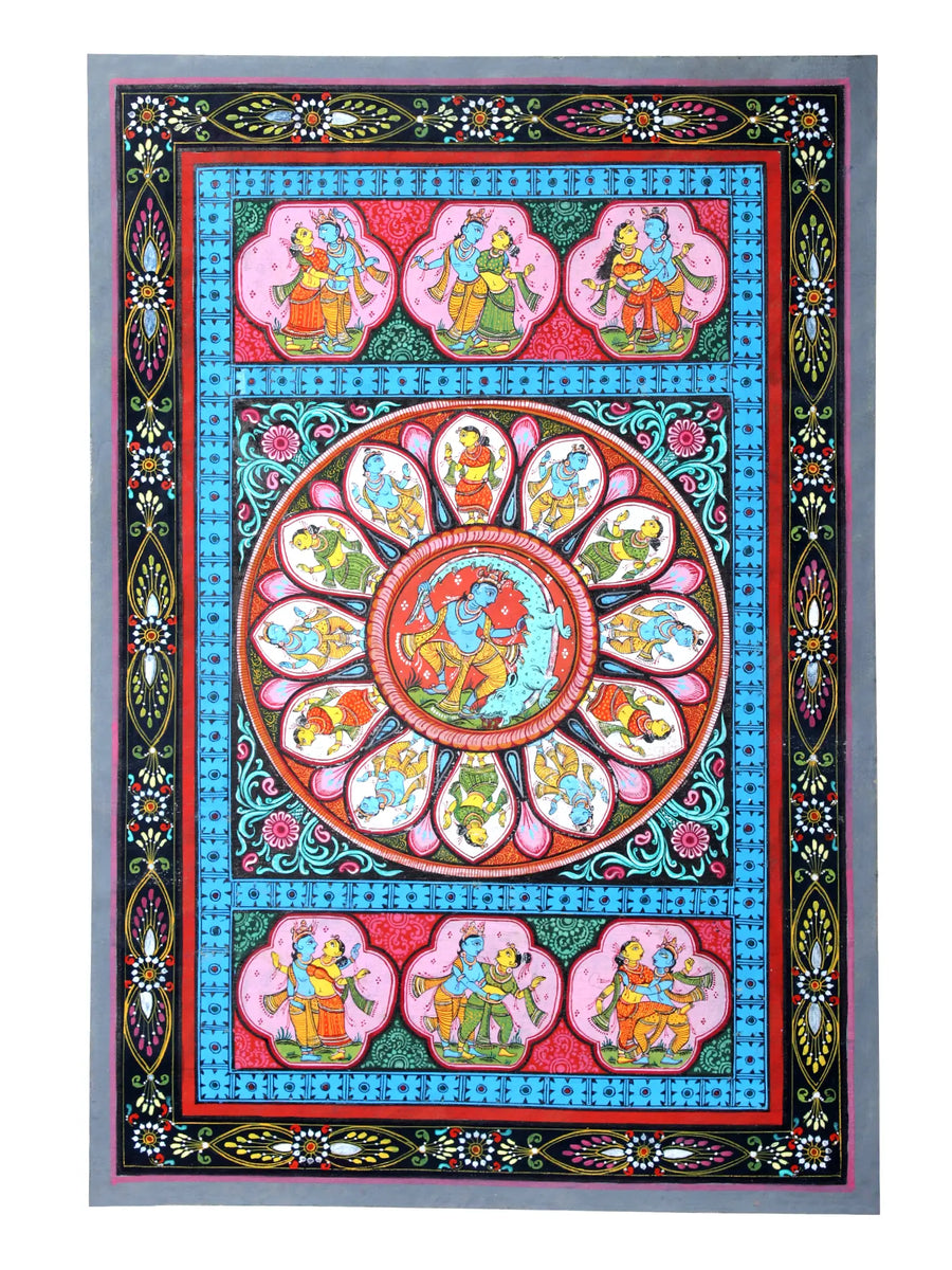 Lord Krishna Killing the Demon Aghasura and Radha-Krishna in Different Poses Pattachitra Painting on Cloth by Rabi Behera