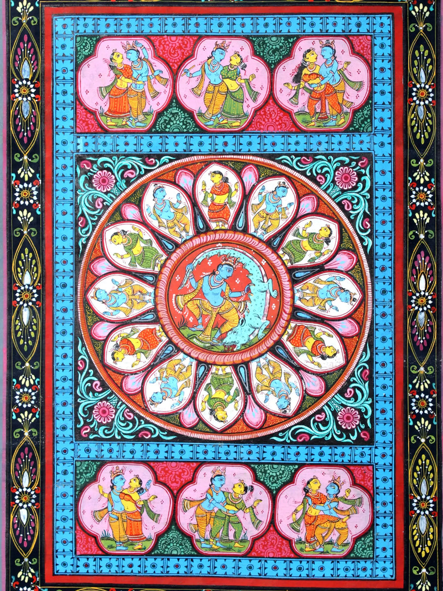 Lord Krishna Killing the Demon Aghasura and Radha-Krishna in Different Poses Pattachitra Painting on Cloth by Rabi Behera