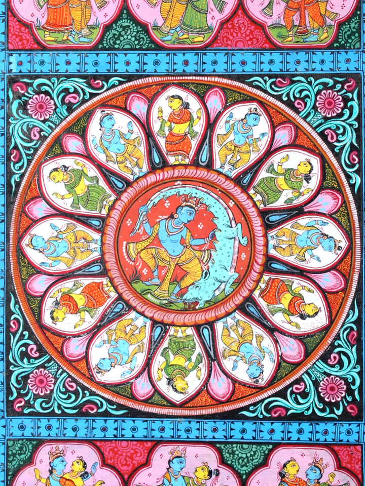 Lord Krishna Killing the Demon Aghasura and Radha-Krishna in Different Poses Pattachitra Painting on Cloth by Rabi Behera · view 4