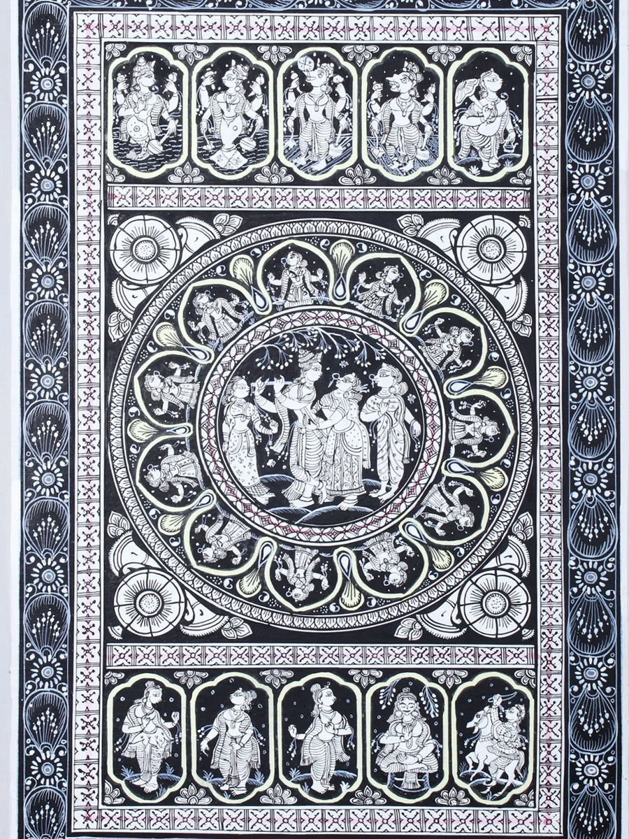 Murli Manohar and Radharani (Radha-Krishna) with Dashavatara of Lord Vishnu Pattachitra Painting on Cloth by Rabi Behera