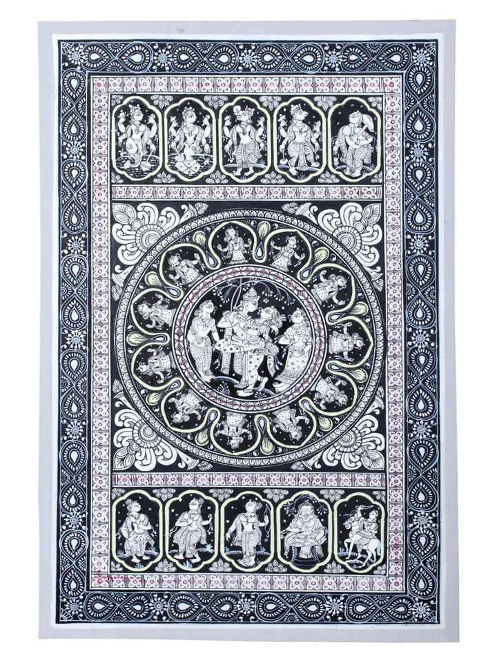 Radha-Krishna with Ten Incarnations of Lord Vishnu Pattachitra Painting on Cloth by Rabi Behera · view 1