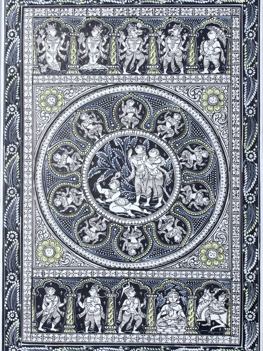 Lord Krishna Gives Moksha to Yamalarjun Pattachitra Painting on Cloth by Rabi Behera