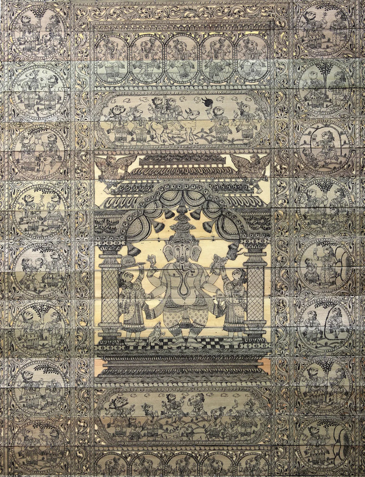 Standing Lord Ganesha at Center with Episodes of His Story Pattachitra Painting on Cloth by Rabi Behera · view 2