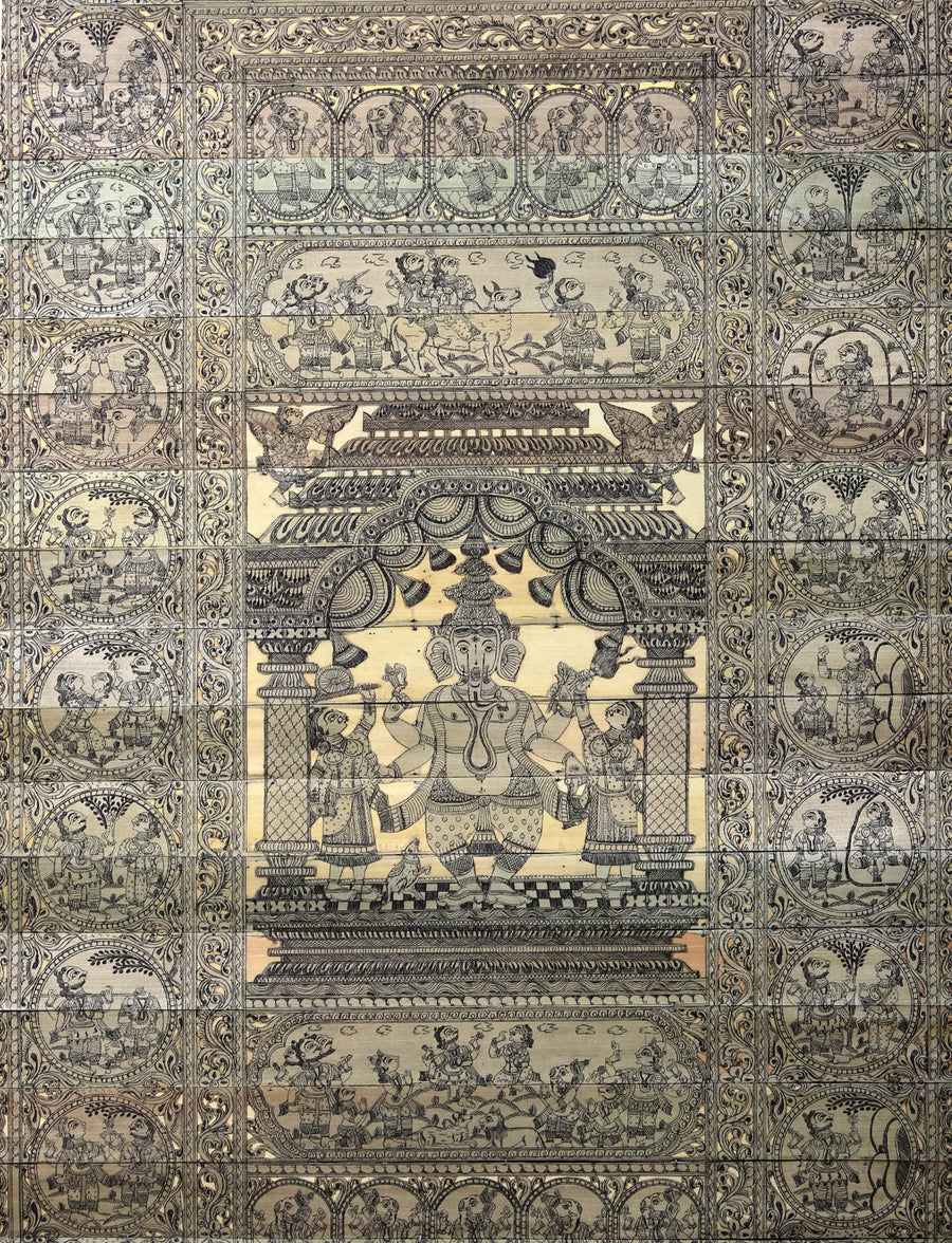Standing Lord Ganesha at Center with Episodes of His Story Pattachitra Painting on Cloth by Rabi Behera