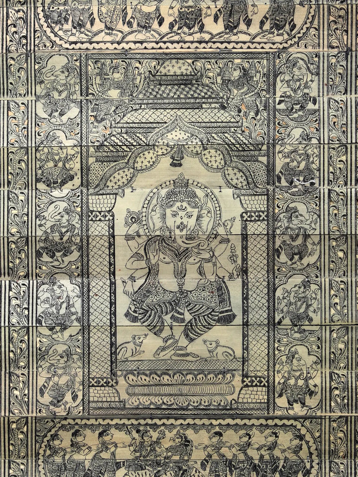 Dancing Ganesha at Center with His Life Story Pattachitra Painting on Cloth by Rabi Behera · view 2