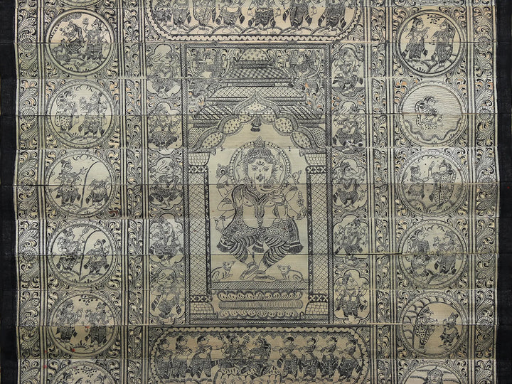 Dancing Ganesha at Center with His Life Story Pattachitra Painting on Cloth by Rabi Behera · view 4