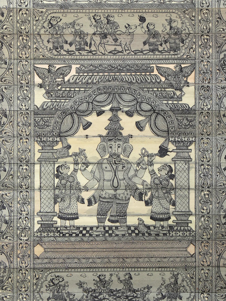 Standing Chaturbhuja Lord Ganesha with His Life Story Pattachitra Painting on Cloth by Rabi Behera · view 2